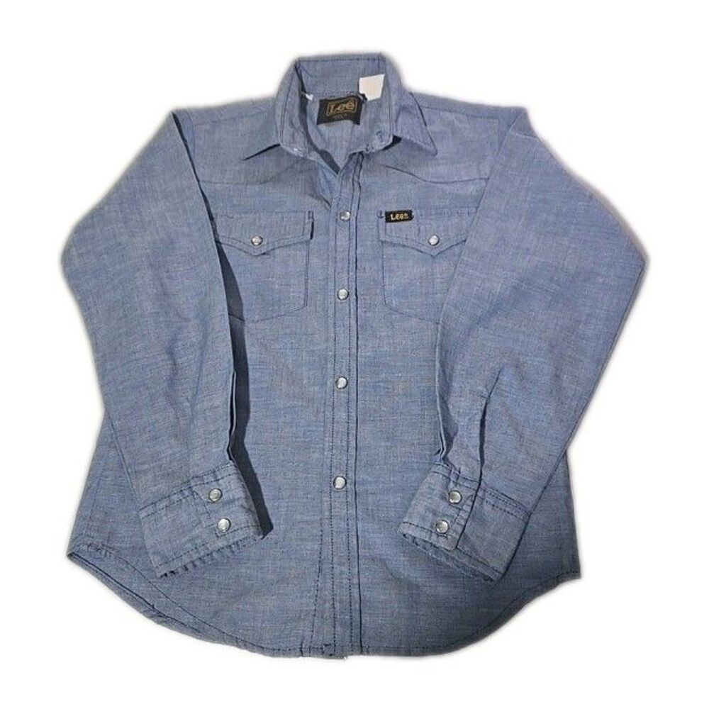 Vintage Lee 1970s Denim Cotton Pearl Snap Western Shirt size 10 Made In USA 70s